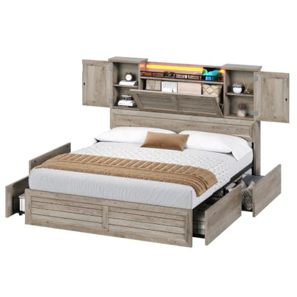 Queen Bed Frame with Headboard and Storage Cabinets, view 6