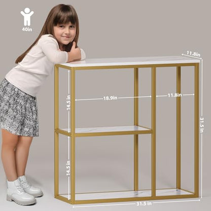31.5" Narrow Console Table with 3-Tier Storage, Industrial Sofa Table for Entryway, Living Room & Hallway - Gold Marble Faux Top, Sturdy Metal Frame