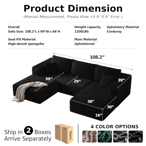 106" Boneless Couch, U Shaped Sectional Sofa with Deep Seat, Modular Cloud Couch with 2 Ottomans, No Assembly Corduroy Couch for Living Room, Black