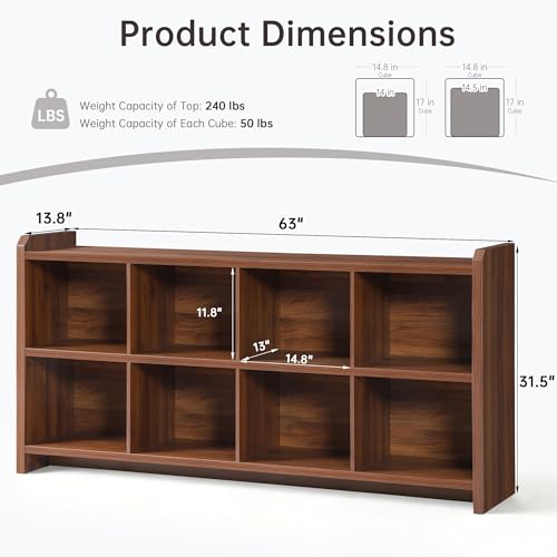 8 Cube Low Storage Organizer, 63" Long Horizontal Bookshelf, Walnut, view 4