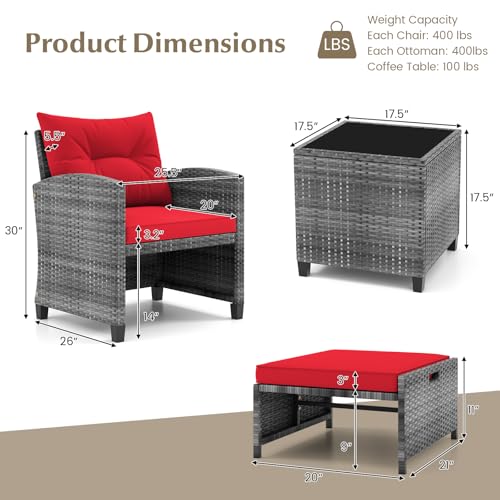 5 Pieces Patio Furniture Set with Ottomans, Wicker Patio Conversation Set with Coffee Table & Cushions, PE Rattan Outdoor Lounge Chairs for Backyard, Porch, Poolside (Mix Grey- Red)
