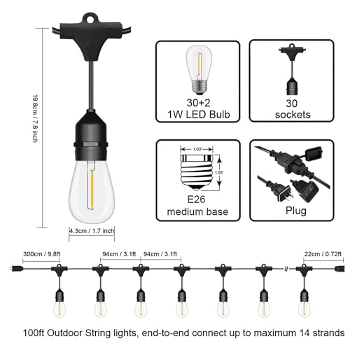 Outdoor String Lights LED 100FT Commercial Grade Heavy Duty Light String Lights, view 3