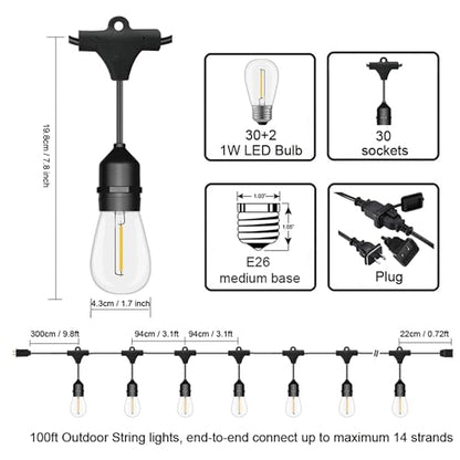 Outdoor String Lights LED 100FT Commercial Grade Heavy Duty Light String Lights, view 3