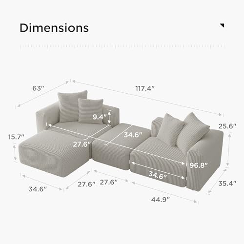 Convertible Modular Sectional Sofa with Ottoman, Sleeper Bed, White | Corduroy Couch, Wood Frame, Free Combination, DayBed, for Living Room Small Space Apartment