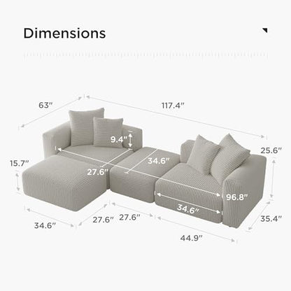 Convertible Modular Sectional Sofa with Ottoman, Sleeper Bed, White | Corduroy Couch, Wood Frame, Free Combination, DayBed, for Living Room Small Space Apartment