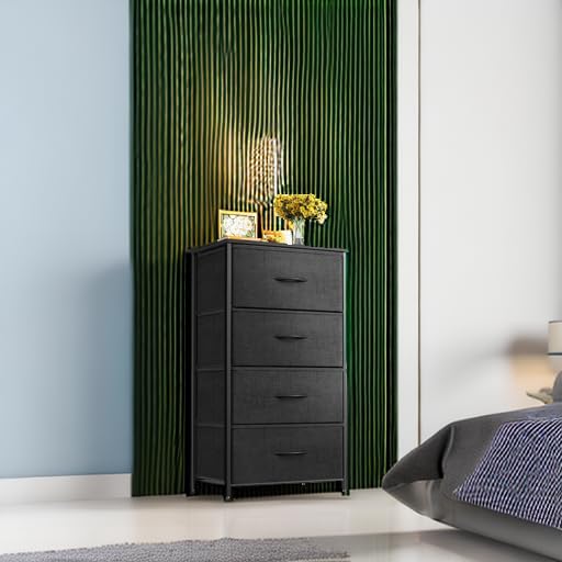 Dresser for Bedroom with 4 Storage Drawers, Small Dresser Chest of Fabric Drawers with Sturdy Steel Frame for Small Space, Wood Top, Black