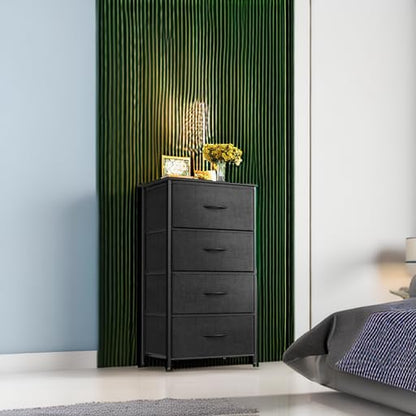 Dresser for Bedroom with 4 Storage Drawers, Small Dresser Chest of Fabric Drawers with Sturdy Steel Frame for Small Space, Wood Top, Black