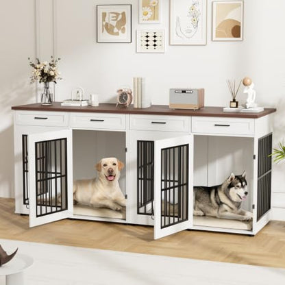 87" Dog Crate Furniture for 2 Dogs, Double Dog Cage Furniture, White, view 2