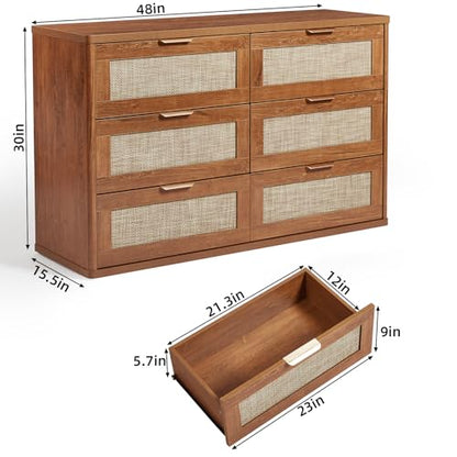 Rattan 6 Drawer Dresser for Bedroom, Boho 48" Wide Wooden Dark Dresser Chest of Drawers, Dressers TV Stand with Metal Handle, Storage Dressers Closet Organizer for Living Room, Hallway