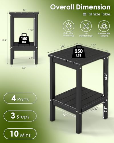 Tall-Outdoor-Side-Table | 23.5" | HDPE Plastic | Patio Adirondack End Tables | All Weather | 2-Tier | Black | for Porch Garden Indoor & Rocking Chairs