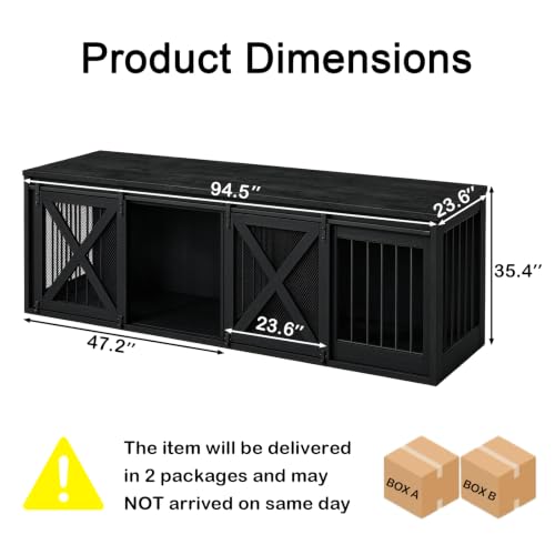 94.5in Double Dog Crate Furniture, Farmhouse Dog Kennel TV Stand, Black, view 3