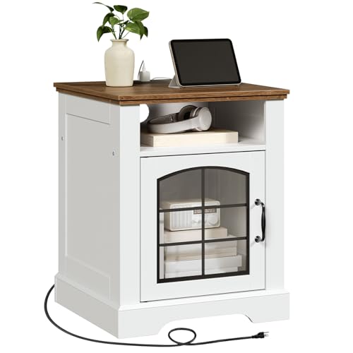 Farmhouse End Table for Living Room, 17.7" Wide Nightstand with Charging Station, Wooden Sofa Side Table with Tempered Glass Barn Door and Open Shelf, White and Walnut WH405UBZ01