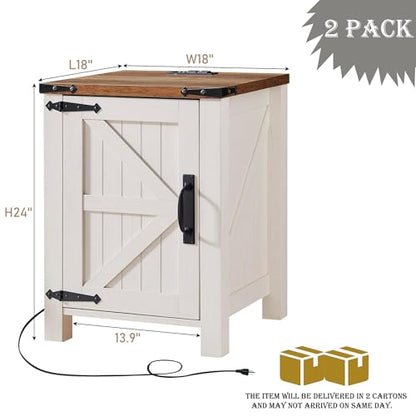 18" Farmhouse End Table Set of 2, Antique White | Rustic Nightstand, Charging Station, Barn Door, Adjustable Storage Shelf, Wood Sofa Side Table, Living Room, Bedroom