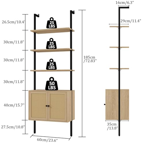73" Tall Bookshelf with Cabinet, Industrial Ladder Wall Mount Shelf Rattan Bookcase with Wood and Metal Frame, Plant Shelf Wall Storage Display for Living Room Bedroom,Light Ivory Brown