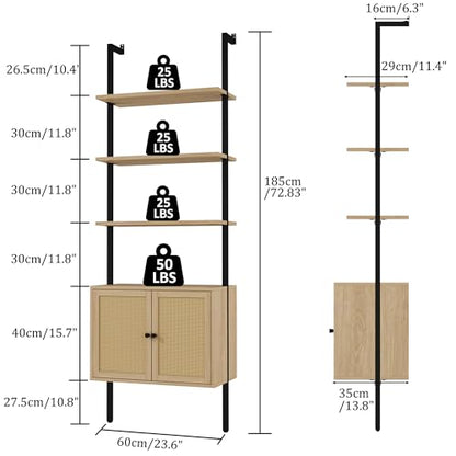 73" Tall Bookshelf with Cabinet, Industrial Ladder Wall Mount Shelf Rattan Bookcase with Wood and Metal Frame, Plant Shelf Wall Storage Display for Living Room Bedroom,Light Ivory Brown