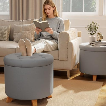 Round Storage Ottoman,Gray | Foot Stool Ottomans with Lids for Living Room,Bedroom,Entryway