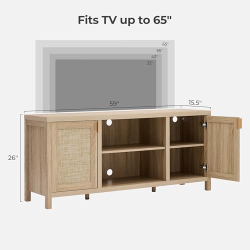Rattan TV Stand for Living Room - 26" Tall TV Console Cabinet with Storage and Adjustable Shelf, Boho Entertainment Center, 59" Media Console for 50, 55, 65 Inch TV, Light Oak