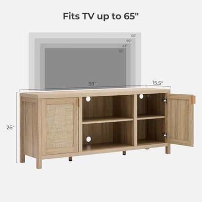 Rattan TV Stand for Living Room - 26" Tall TV Console Cabinet with Storage and Adjustable Shelf, Boho Entertainment Center, 59" Media Console for 50, 55, 65 Inch TV, Light Oak