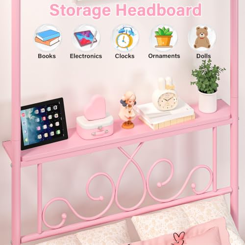 Twin Metal Canopy Bed Frame with Storage Headboard, 4 Poster Bed, Pink, view 6