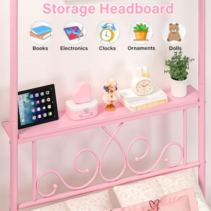 Twin Metal Canopy Bed Frame with Storage Headboard, 4 Poster Bed, Pink, view 6