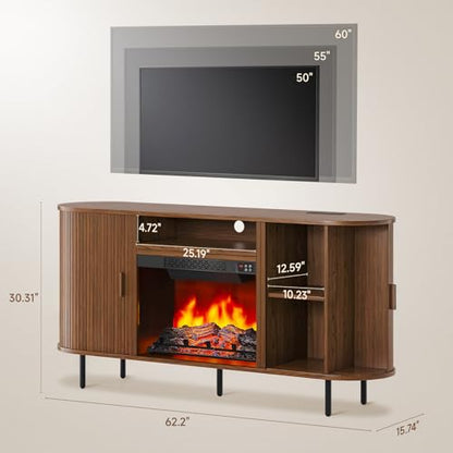 63" Fluted Fireplace TV Stand with Sliding Doors & Power Outlet, view 3