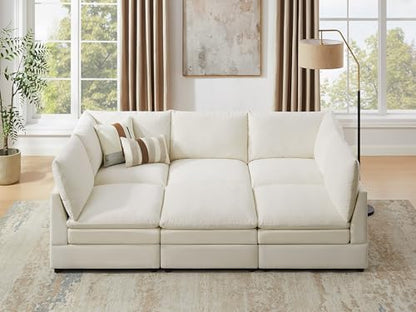 98" Cloud Modular Sectional Sofa Couches for Living Room, Oversized Modern Sleeper Sofa with Deep Seat Double-Layer Thick Cushion Ottoman, Convertible Upholstered Sofa Set, Ivory White