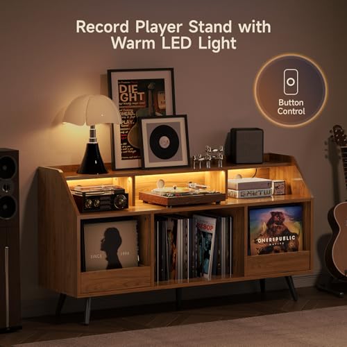 55 Inch Record Player Stand with LED Light, Walnut, view 4