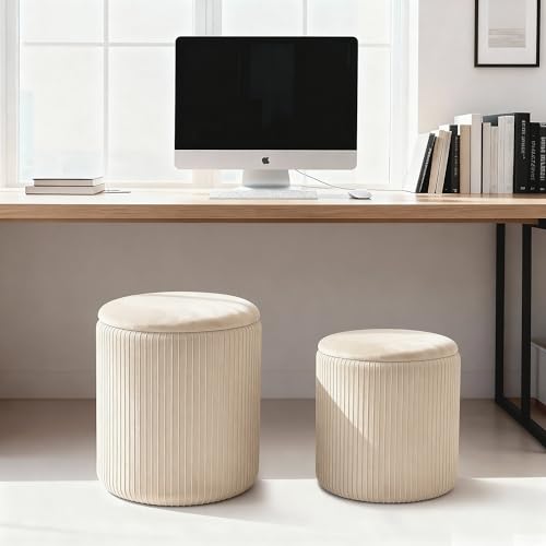 Set of 2 Round Ottoman with Storage, Upholstered Vanity Stool Support 330lbs Multifunctional Coffee Table Ottoman Velvet Foot Rest Stool or Living Room Bedroom Dorm (Beige)