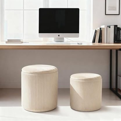 Set of 2 Round Ottoman with Storage, Upholstered Vanity Stool Support 330lbs Multifunctional Coffee Table Ottoman Velvet Foot Rest Stool or Living Room Bedroom Dorm (Beige)