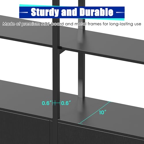 Triple Wide 5 Tier Tall Arched Bookshelf and Bookcase with 3 Cabinets, Industrial Metal Etagere Open Bookshelf, Wood Standing Book Shelf with Black Metal Frame for Bedroom Living Room