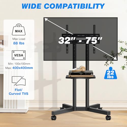 Mobile TV Cart Rolling TV Stand with Power Outlet for 32-75 Inch Screens, Portable TV Stand on Wheels with Height Adjustment, Outdoor TV Mount Stand with Shelf Holds up to 88lbs for Home Office