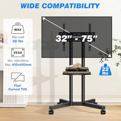 Mobile TV Cart Rolling TV Stand with Power Outlet for 32-75 Inch Screens, Portable TV Stand on Wheels with Height Adjustment, Outdoor TV Mount Stand with Shelf Holds up to 88lbs for Home Office