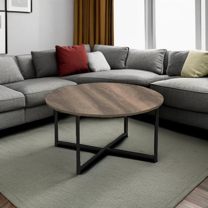 Jamestown Round Coffee Table Ashwood Rustic Wood Grain and Black Metal 31.5 x 31.5, Taupe