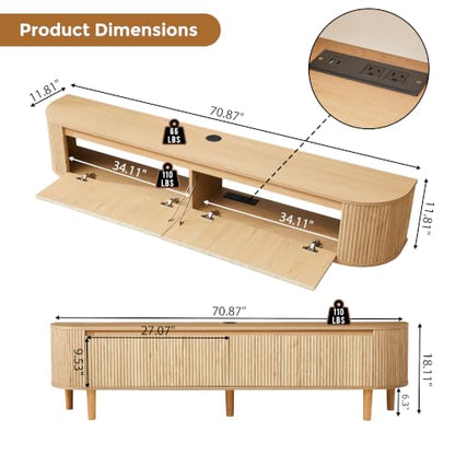70.8" Floating Fluted TV Stand with Legs and Power Outlet for TVs up to 80", view 3