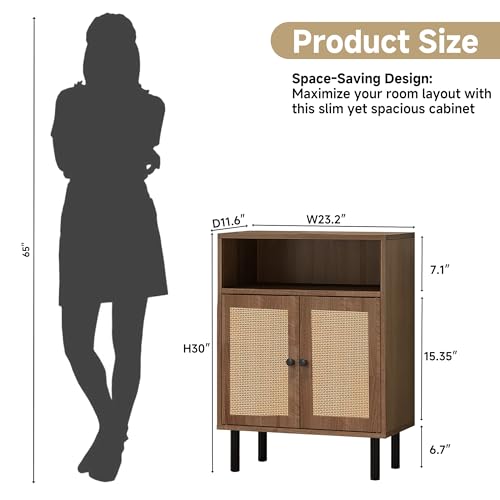 Rattan Storage Cabinet, Boho Accent Cabinet with Double Doors, Small Freestanding Sideboard for Hallway, Laundry Room,Kitchen, Dining Room, Entryway (Walnut)
