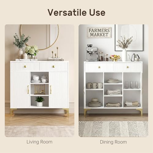 Sideboard Buffet Cabinet with Adjustable Shelves, Modern Storage Cabinet with Drawers and Doors, White Kitchen Buffet for Dining Room, Living Room, Entryway, 39.4 Inch