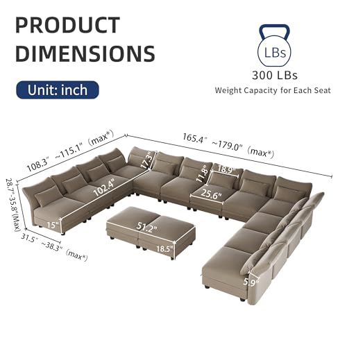 Sectional Couch Convertible Oversize U Shaped Modular Sectional Sofa with Storage Easy Clean Anti-Scratch 14 Seat Velvet Sectional for Living Room, Brown