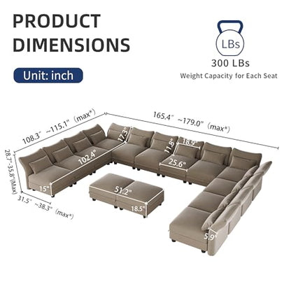Sectional Couch Convertible Oversize U Shaped Modular Sectional Sofa with Storage Easy Clean Anti-Scratch 14 Seat Velvet Sectional for Living Room, Brown
