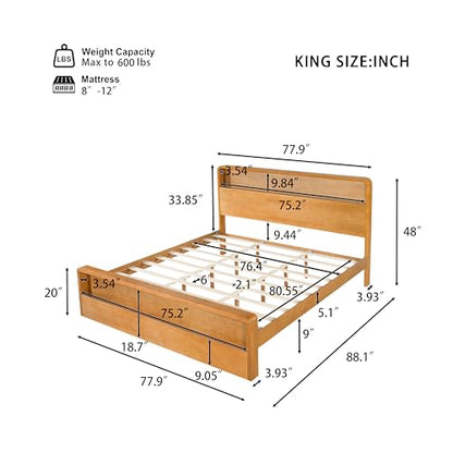 King Solid Wood Platform Bed with Open Storage Headboard, Light Brown, view 3