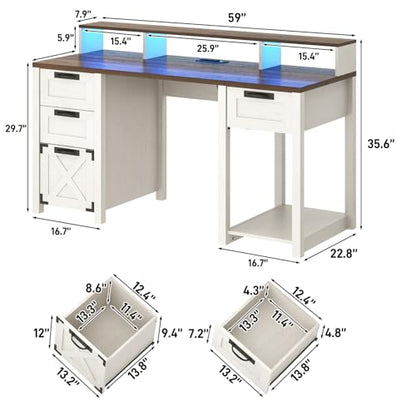 59" Farmhouse Computer Desk with 4 File Drawer & Power Outlet & Led Lights, view 3