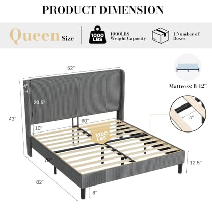 Queen Bed Frame, Upholstered Platform Bed with Corduroy Headboard, Grey, view 3
