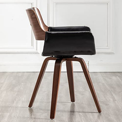 Swivel Accent Faux Leather Dining Chairs Set of 2, Mid Century Modern Chairs with Wooden Legs/Armrest/Upholstered Seat/Adjustable Foots for Kitchen Dining Room Desk Chairs,Black…