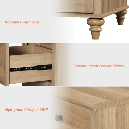 4 Piece Bedroom Set - Includes Farmhouse 3 Drawer Storage Cabinet, Set of 2 Bedside Tables with Charging Station, Dresser and Nightstand Sets, Oak