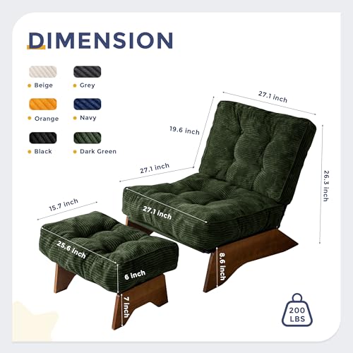 Accent Chair with Ottoman Adjustable Backrest, Tufted Living Room Chair Upholstered Lounge Chair with Footrest Set, Modern Chair Cozy Reclining Chair for Reading Room, Green