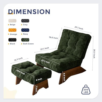 Accent Chair with Ottoman Adjustable Backrest, Tufted Living Room Chair Upholstered Lounge Chair with Footrest Set, Modern Chair Cozy Reclining Chair for Reading Room, Green