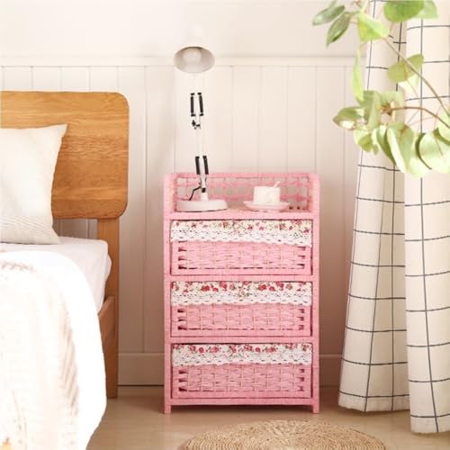Rattan-Like Nightstand, Storage Cabinet with 3 Drawers, Minimalist Side Tables, Decorative Living Room Furniture, Multi-Function Side Cabinet for Bedroom, Living Room(White)