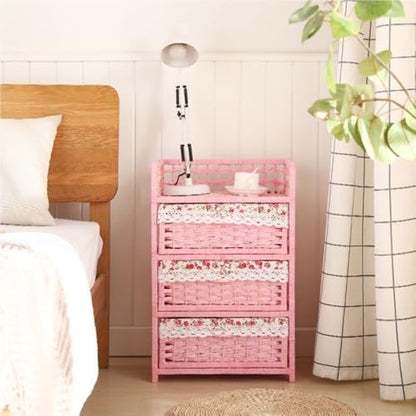 Rattan-Like Nightstand, Storage Cabinet with 3 Drawers, Minimalist Side Tables, Decorative Living Room Furniture, Multi-Function Side Cabinet for Bedroom, Living Room(White)