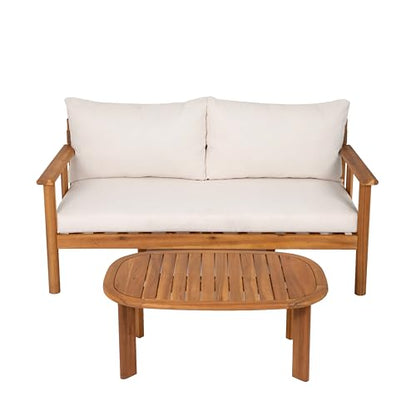 Willy Acacia Wood Outdoor Loveseat and Coffee Table Set, 2 Piece Patio Furniture Set with Water-Repellent Cushion, Solid Wood Outdoor Conversation Set, Beige+Teak