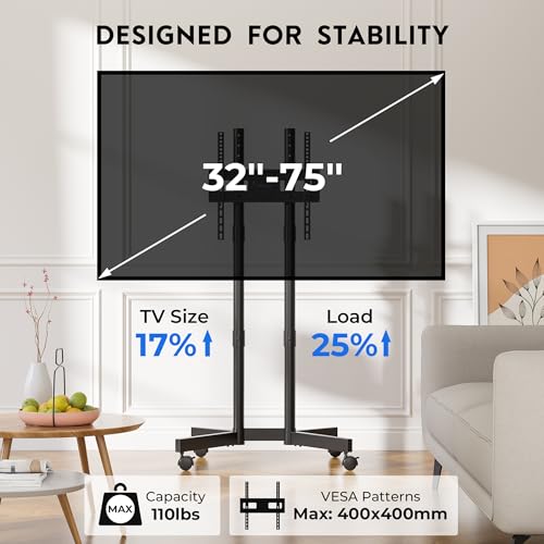 Rolling TV Stand for 32-75 Inch TVs, Height Adjustable Mobile TV Cart on Wheels, Heavy Duty TV Stand Supports Up to 110lbs, Stable Dual-Column Design, Cable Management, Indoor, Outdoor