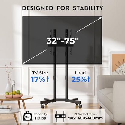 Rolling TV Stand for 32-75 Inch TVs, Height Adjustable Mobile TV Cart on Wheels, Heavy Duty TV Stand Supports Up to 110lbs, Stable Dual-Column Design, Cable Management, Indoor, Outdoor